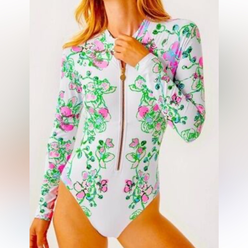 Lily Pulitzer Randee rashguard one piece orchids on the avenue swimsuit  white 6